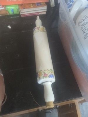 Vintage Ceramic Refillable Rolling Pin with Original Cork White with Floral Trim
