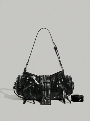 Women Black Moto Satchel Y2K Grunge Studded Shoulder Bag Large