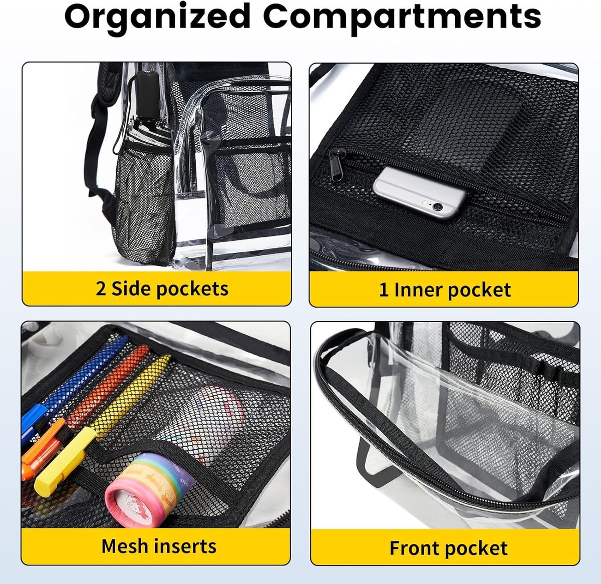 Vorspack Clear plastic Black Trim Backpack Vorspack Clear Mini Stadium Approved Backpack with Water  main image 4