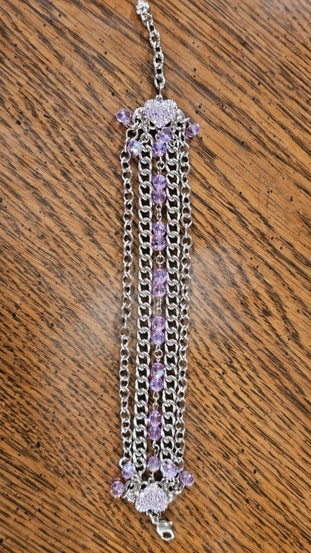 Vtg Kirk's Folly silver metal & purple glass 5 strand bracelet purple ab hearts