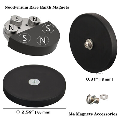 2PC Anti-scratch Black Disc Magnet D66mm M4 Thead Rubber Coated
