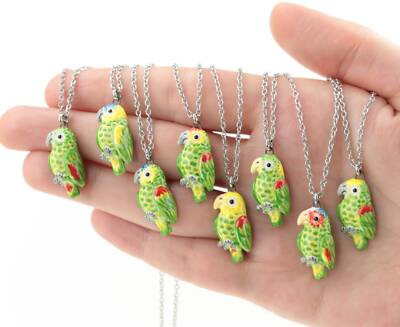 Amazon parrot ceramic pendant Green bird jewelry Wild animals