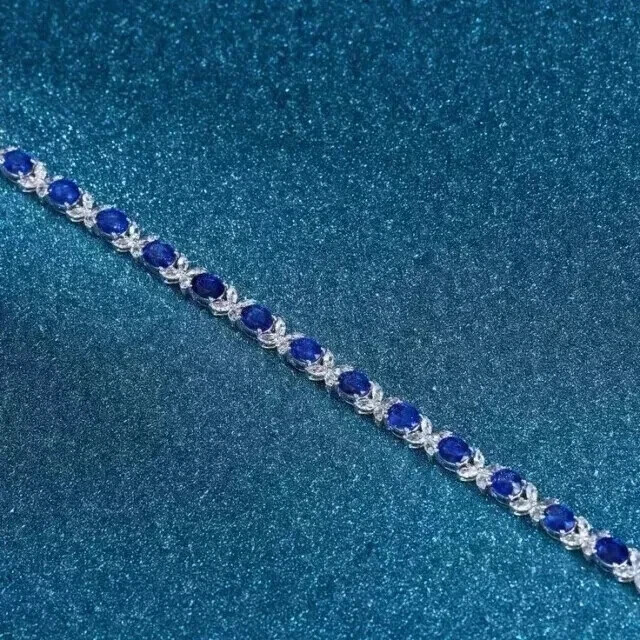 8.10Ct Oval Lab Sapphire Tennis Bracelet in 14k White Gold Plated