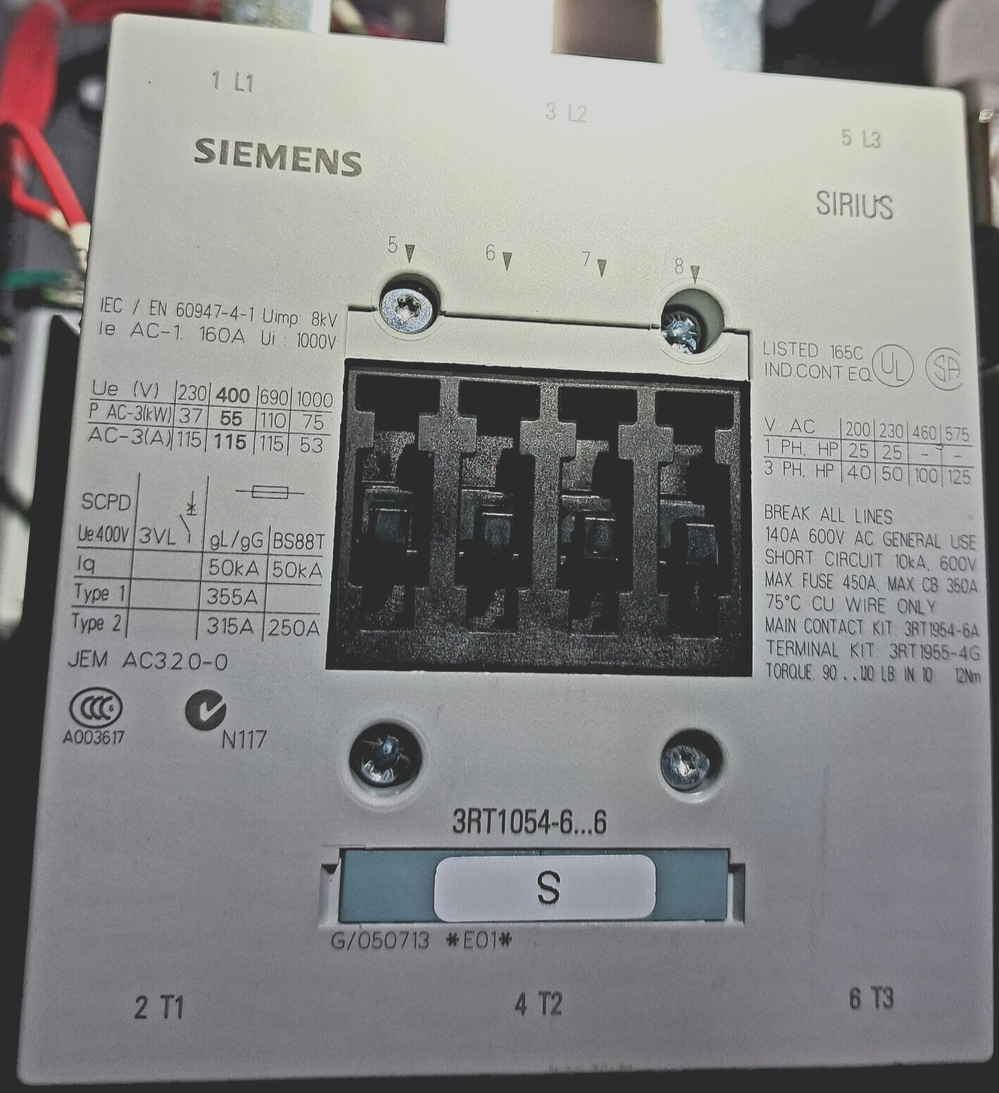 SIEMENS SIRIUS 3RT1054-6...6 MOTOR/CONTACTOR 3ZX1011-2-ORT05-1AA1 460V/100HP