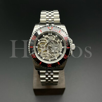 Custom Made Skeleton Watch 40mm Sub Style Diver NH70 Auto Movement BLK/Red Bezel