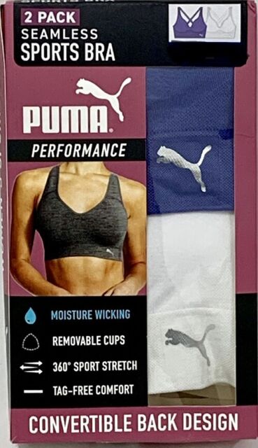 Puma Women's Convertible Seamless Sports Bra 2 Pack, White/Blue SMALL- NWT