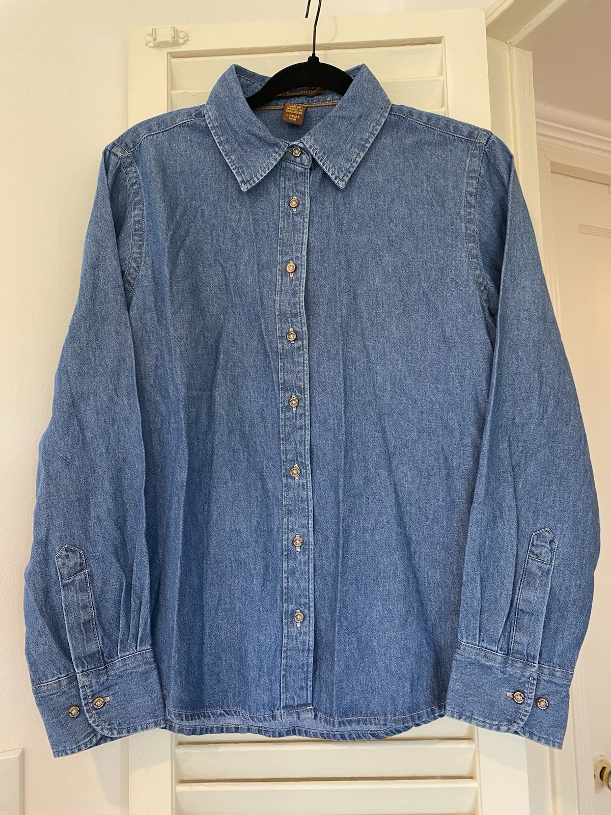 Harriton Denim Long Sleeve Shirt Button Down Women Blue Indigo M