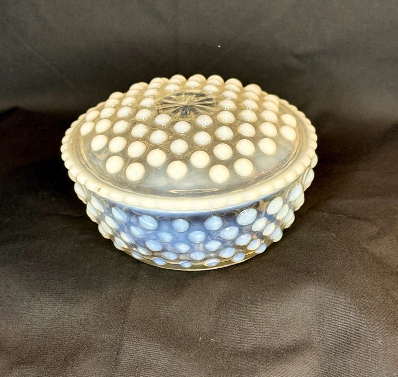 Anchor-Hocking Moonstone Opalescent Hobnail Glass 4" Round MCM Lidded Powder Box