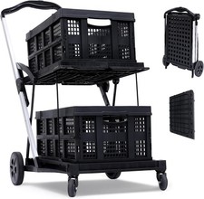 Folding Shopping Cart with 2 Basket Collapsible Cart with Storage Crates Black