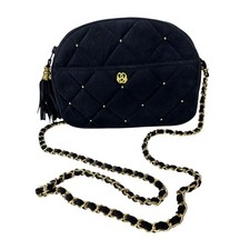 Vintage Quilted Black Suede Crossbody Shoulder Bag with Tassel Gold Accents