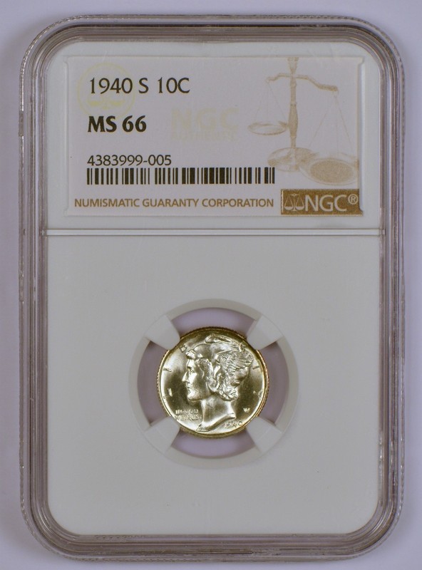 1940-S silver Mercury Dime graded MS66 or Mint State 66 by NGC