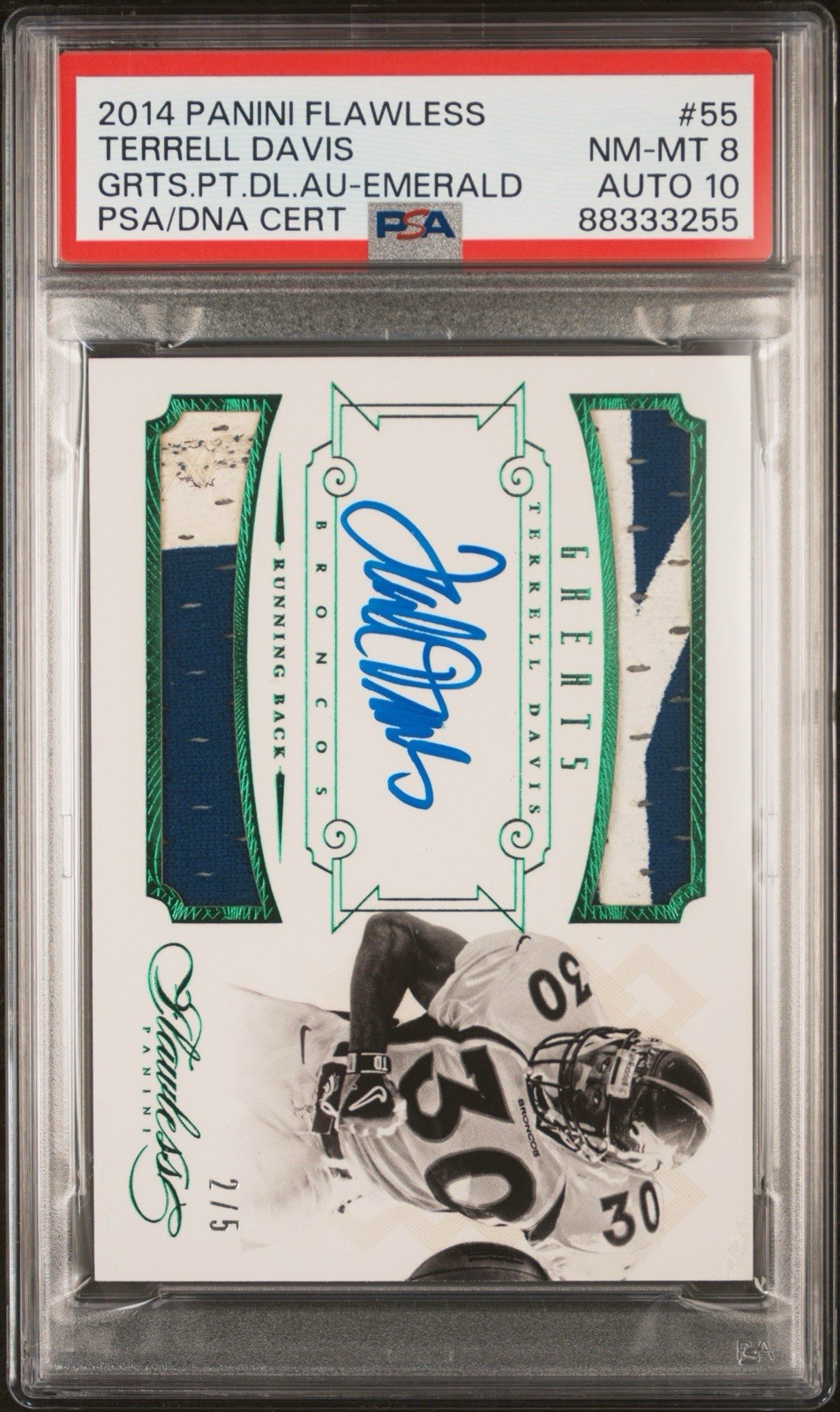 2014 Flawless Terrell Davis Game Worn Dirty Patch /5 Emerald PSA 8 Auto 10 Pop 1