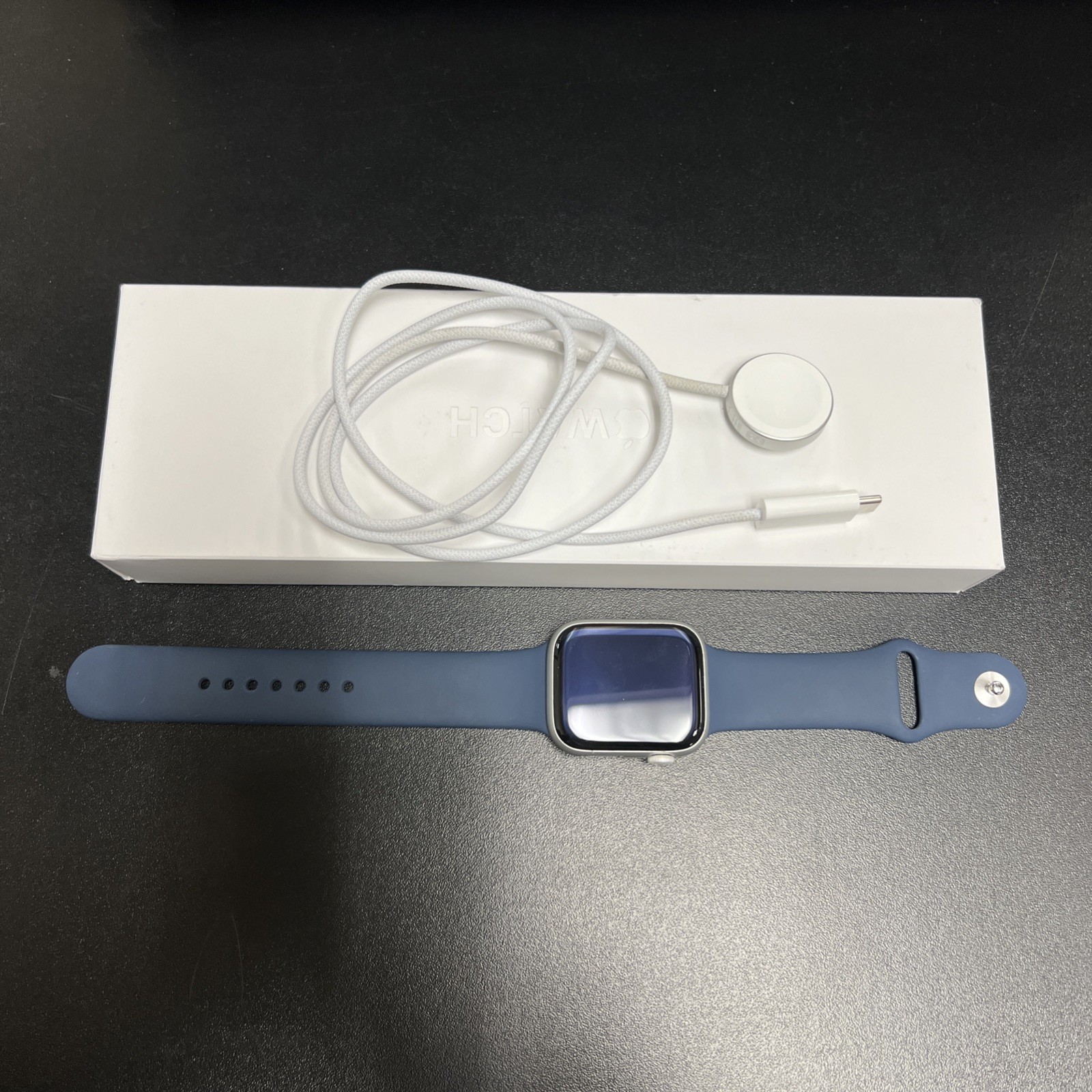 Apple Watch Series 9 45mm Silver Aluminum Blue Band *DAMAGED BUTTON READ DESC*