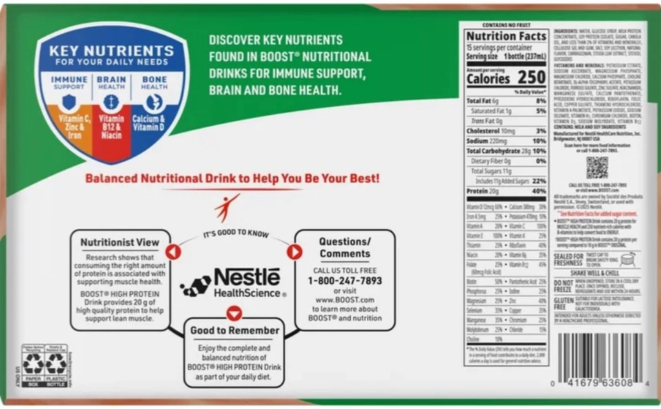 High Protein Boost Shakes,15 - 8 FL OZ 瓶,奶油草莓,20 克蛋白质 — 第 3/4 张图片