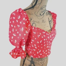 DIVIDEND by H&M Red White Floral Crop Top Blouse Puff Ruffle Sleeve Medium