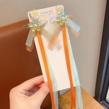 Tassel Ribbon Bowknot Hair Clips with Long Tail, Chinese Hanfu Flowers Blue