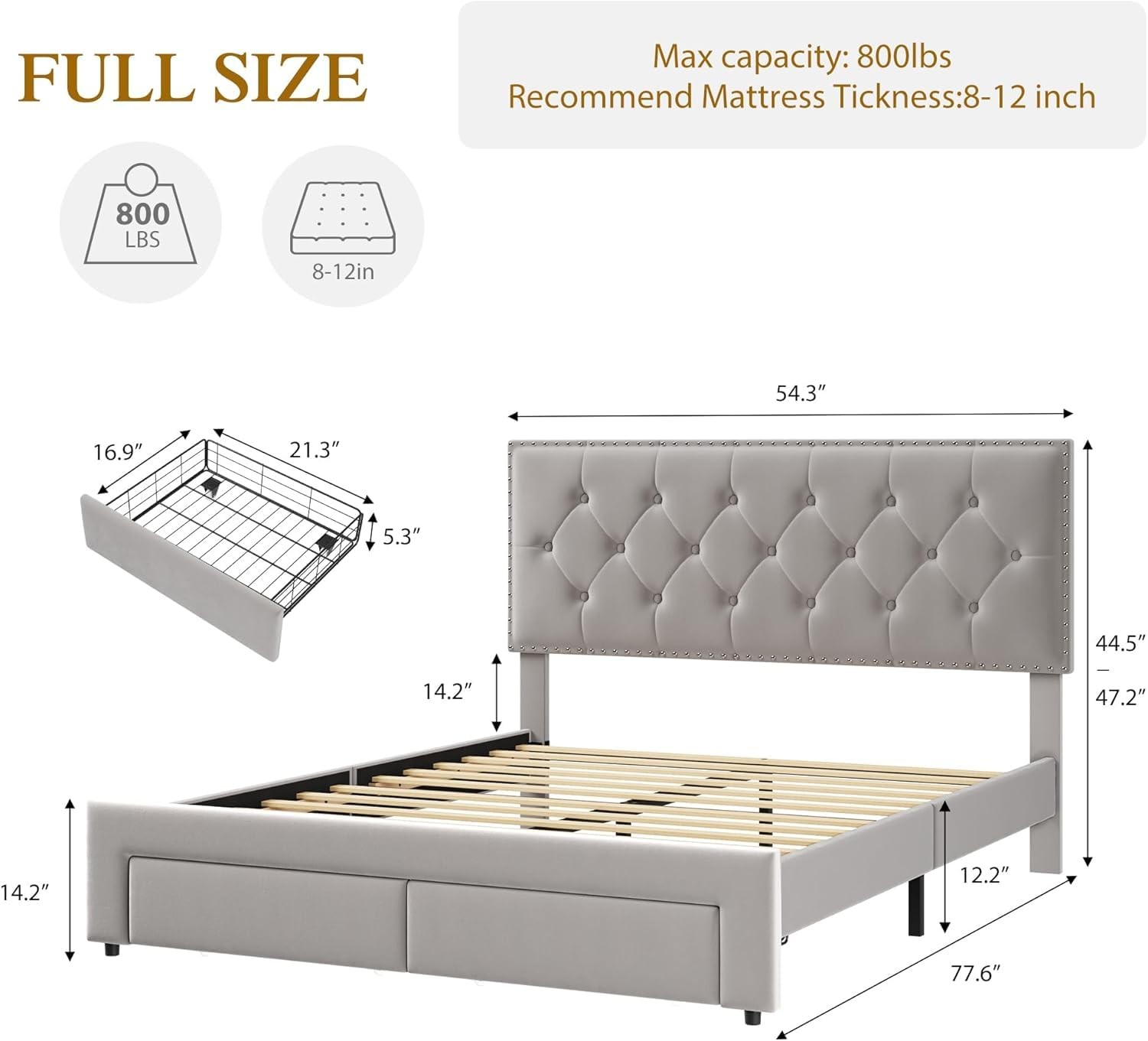 Upholstered Bed Frame Headboard & 2 Drawers,Platform Bed Full Queen King Size