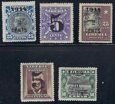 Liberia # 129-33 Mint 1914 Surcharge Issue