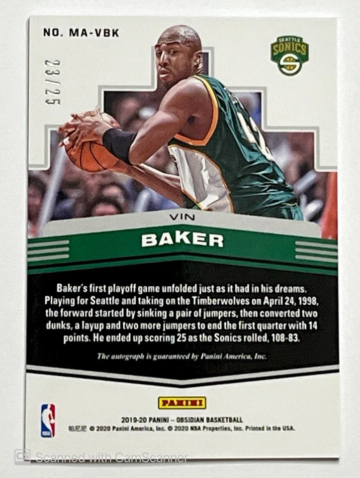 Vin Baker 2019-20 Obsidian Matrix Auto #MA-VBK 23/25 Seattle Supersonics - Image 2 of 2