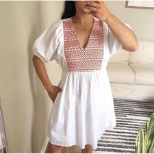 Madewell Smocked Embroidered Mini Dress White Red Orange Puff Sleeve M NEW