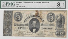 1861 $5 Confederate States of America T-34 PF-5 Banknote PMG VG 8 NET Scarce!