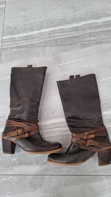 Fly London Stiefel Gr. 5 Biker Style 3 Schnallen Leder dunkelbraun unterhalb Kniehoch