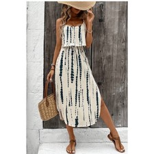 SHEIN White Blue Tie Dye Maxi Dress Spaghetti  Drawstring Waist Slits Size S