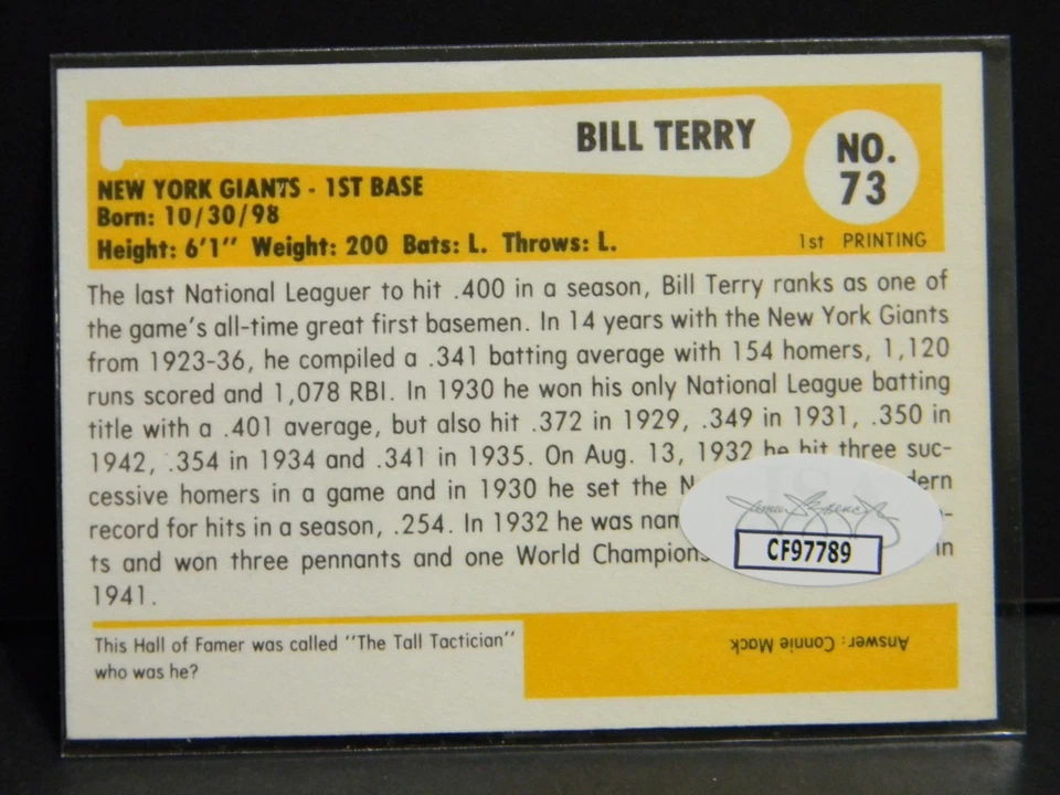 Raro Béisbol Inmortales Bill Terry Auto Certificado de Autenticidad JSA HOF 1954 Gigantes Leyenda # 3 Foto 3 de 4