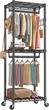 Heavy Duty Clothes Rack w/Double Rod&2 Side Hook&Wheel,Freestand Closet Organize