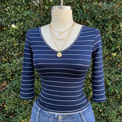 Vintage Pandora V-Neck Top   Y2K / 90s   Blue & White Stripe   Women s Small