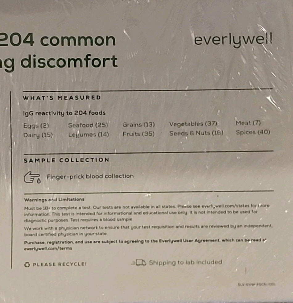 Everlywell Food Sensitivity  Comprehensive Test 204 Types 1/31/27