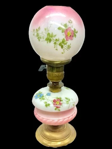 Antique Miniature Victorian Milk Glass Hand Painted Floral GWTW Elec Parlor Lamp
