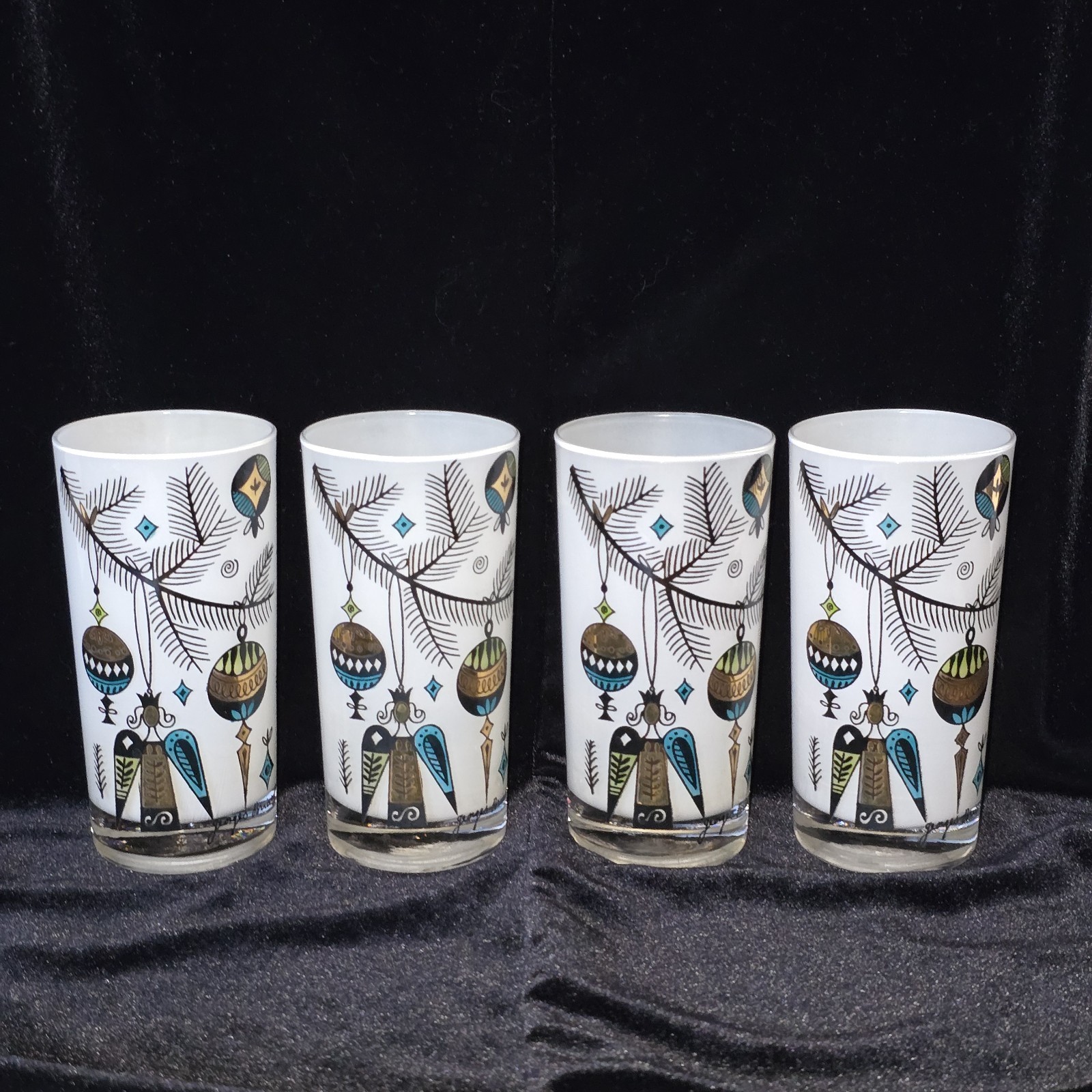 4 Georges Briard MCM White Gold Angel Xmas Ornament Tree Branch Glasses Highball