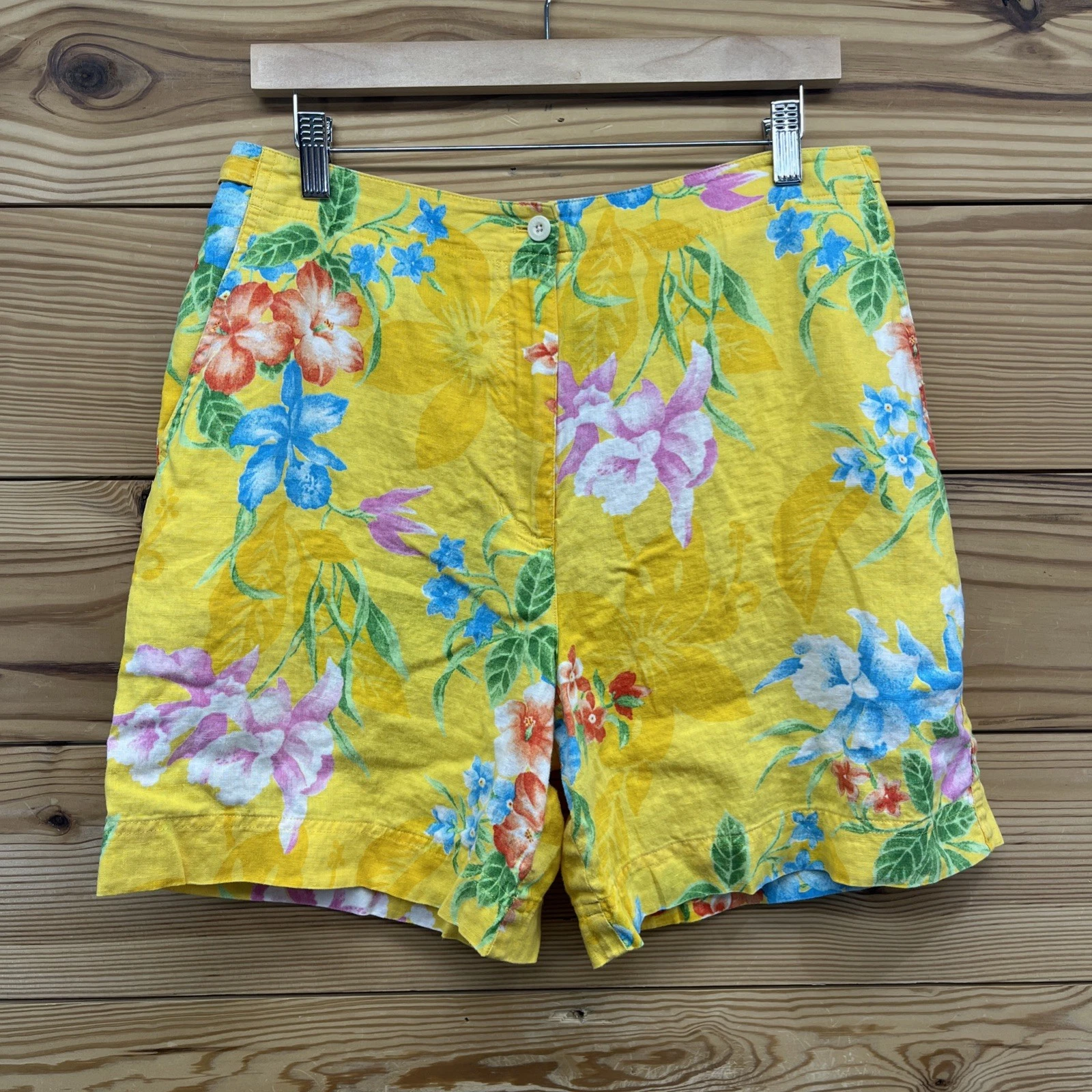 Lauren Ralph Lauren Linen Shorts 12 Yellow Hibiscus Floral Pleated Tropical B142