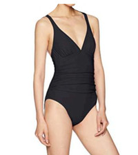 Profile By Gottex V-Neck Textured One Piece Swimsuit Solid Black US Size 8 1511