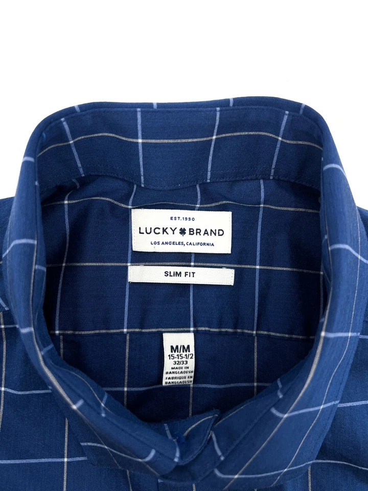 Camisa Lucky Brand Para Hombre Mediana Azul A Cuadros 15.5 32/33 Manga Larga Botón Trabajo Delgada Foto 3 de 4