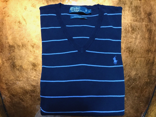 Polo Ralph Lauren Mens Size L V-neck Sweater Navy Lt. Blue horizontal stripes. - Picture 10 of 11