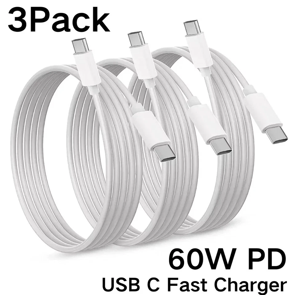 3-PACK USB-C to USB-C CABLE FAST CHARGER CORD 3/6/10FT for iPhone 15 16 &SAMSUNG - Image 2 of 4