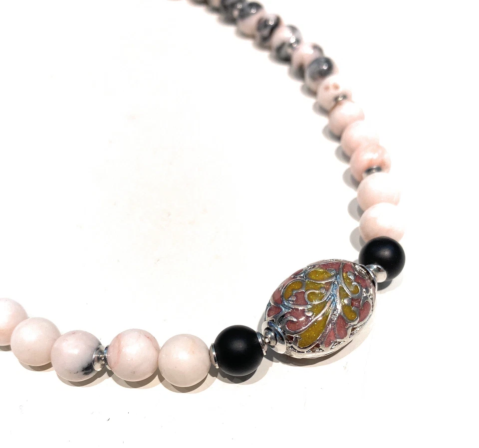 Collana diWa Jewels Diaspro Rosa Zebrato Argento Rodio bianco Onice nero - Immagine 2 di 3