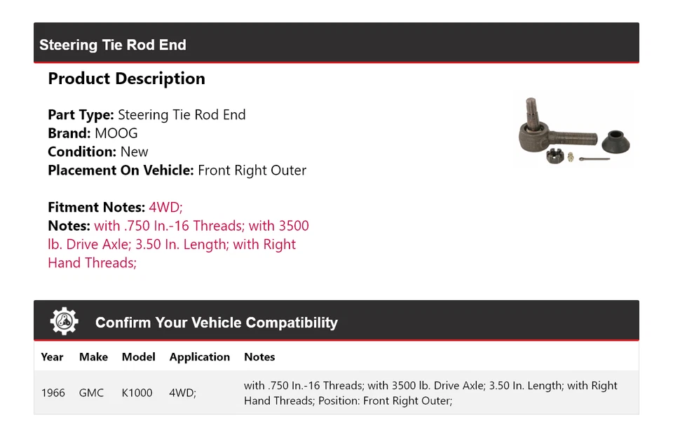 Para GMC K1000 1966 4x4 extremo de barra de dirección delantero derecho exterior MOOG Foto 2 de 4