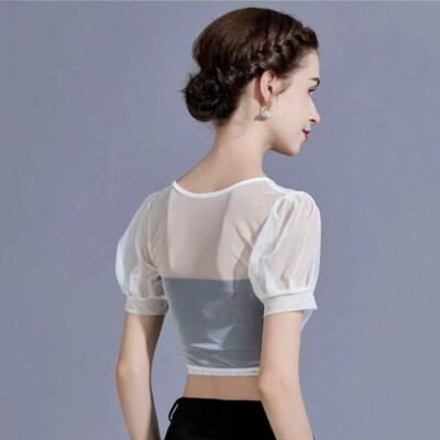 Women Solid Lace Mesh Cropped Top Sheer Short Puff Sleeve Blouse Sexy  Fashion