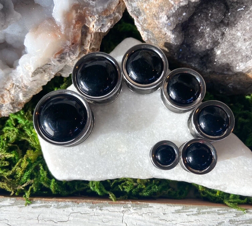 PAR Cúpula de Piedra de Ónix Acero Tornillo Ajuste Túneles Medidores Tapones Joyería Corporal Foto 4 de 4