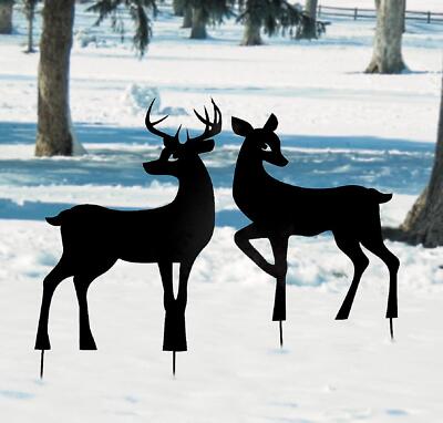 Large Metal Deer Doe & Buck 2-PC Black Silhouettes Sturdy Yard Stakes 23'' & 28''H
