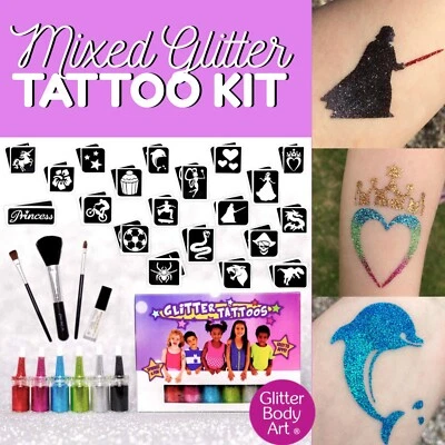 GLITTER BODY ART LTD Childrens' Glitter Tattoo Kit for boys & girls, Temporary Tattoos Glitter Art