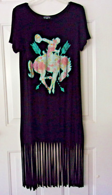 Crazy Train western fringed tee shirt dress sz L shift cowboy rider & horse