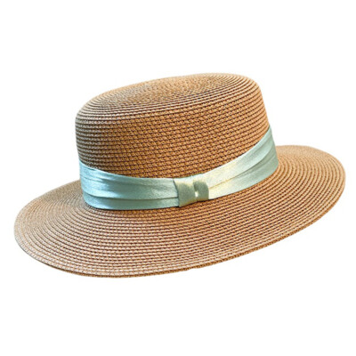 Women Summer Flat Top Straw Bowler Hat Lady Wide Brim Satin