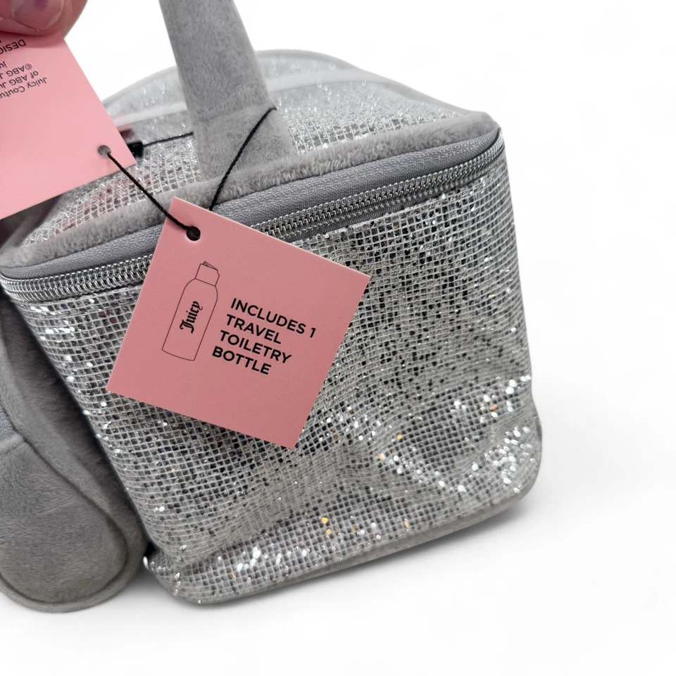 Juicy Couture Bolsa de Maquillaje Cosmético Plata Brillo y Terry Terciopelo Tren Conjunto Dúo Foto 4 de 4