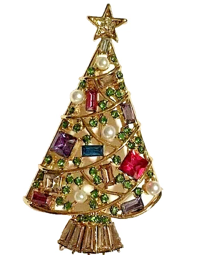 Napier Xmas Tree Brooch Pin Jeweled Gold Tone Multicolored rhinestones NEW w Box