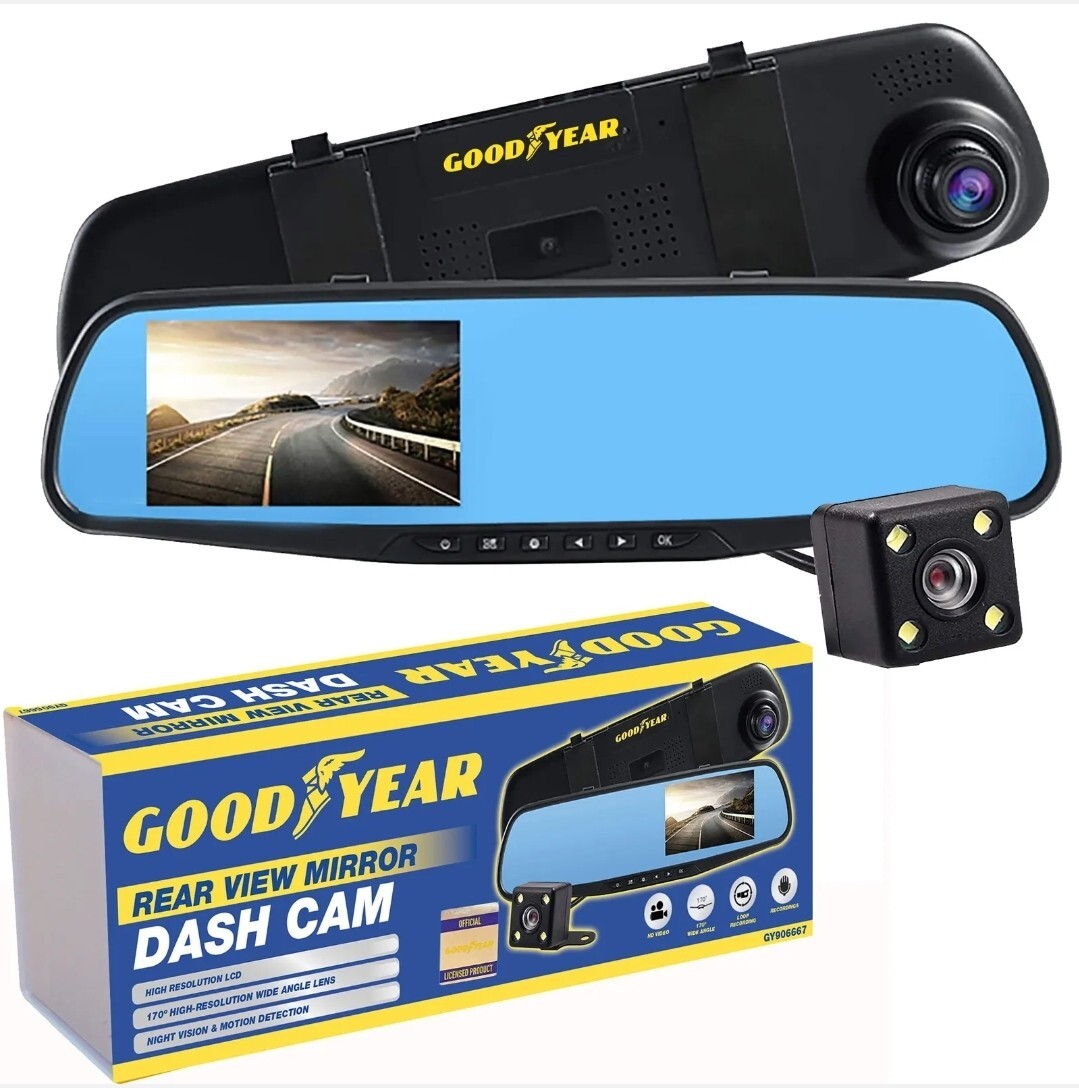 Goodyear HD Mirror Dash Cam Car DVR Video Recorder with Front and Rear