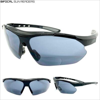 Men's Sporty Wrap Around BIFOCAL READING SUN GLASSES READERS Large Black Frame
